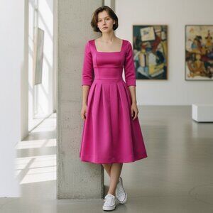 ASOS Square Neck Fit & Flare Satiny Party Dress Sz 4 Fuchsia Pink 67A